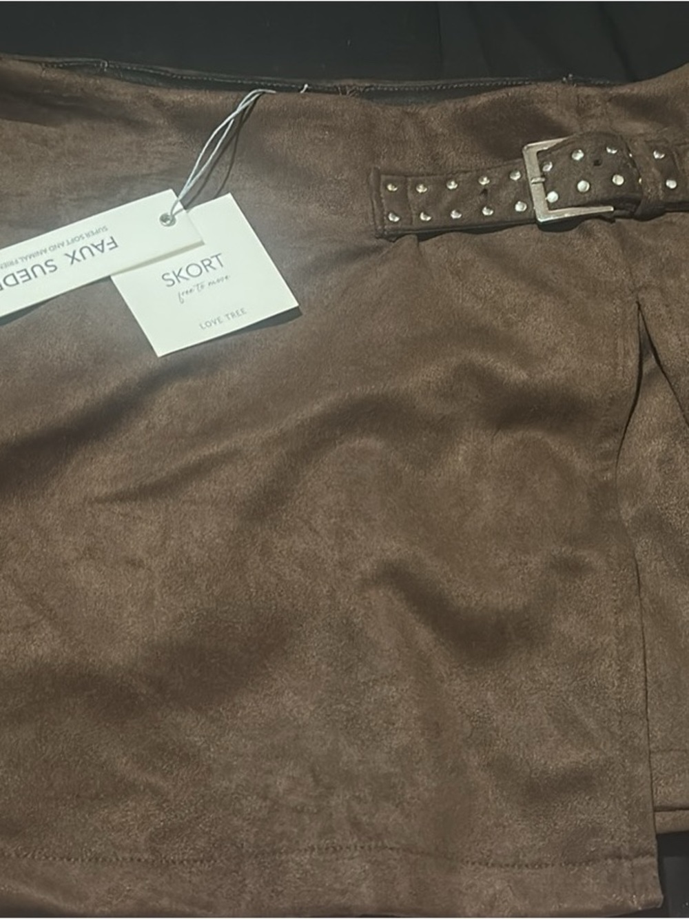 Love Tree Brown Faux Suede Skort with Studded Belt